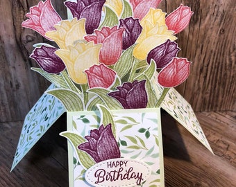 3d pop up card in a box, gift for her, birthday card, Mother’s Day card, thank you, tulip floral bouquet, spring flowers,