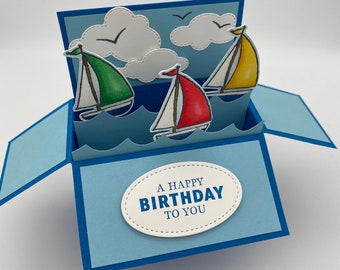 Pop up box card, sailing, sailors, yacht, dinghy, sailboat sail boat, 3d birthday card, Father’s Day, water sport, sea scene, nautical theme