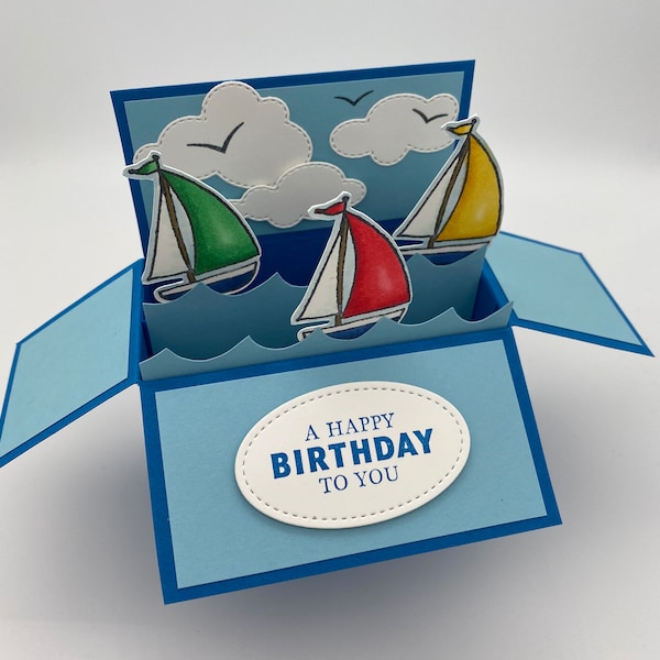 Pop up box card, sailing, sailors, yacht, dinghy, sailboat sail boat, 3d birthday card, Father’s Day, water sport, sea scene, nautical theme