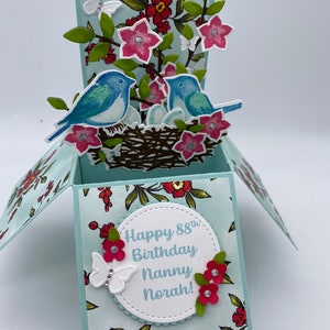 3D pop up card, fold flat box card, birds, flowers, butterflies, birthday card, female card