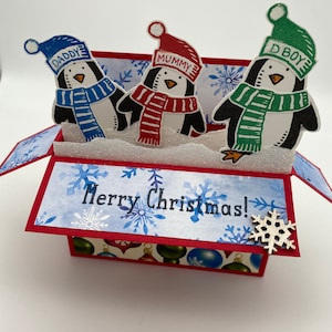 Personalised 3D Pop Up Christmas box Christmas Card Penguin With Igloo & Tree