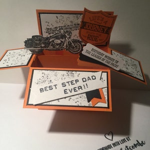 Verjaardagsfietser; harley; motorfiets; pop-up verjaardagskaart; motorrijder, motor, card in a box, 3D-kaart