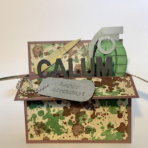 Armee liebevoller Geburtstag; Militär; Granate; Kugel; Etikett: patriotisch; Soldat; Tarnfarbe; Heeresversary; Pop Up 3D Box Karte