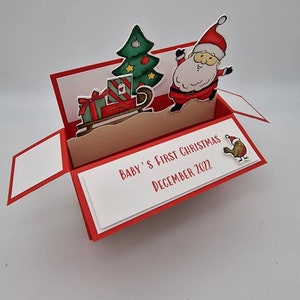 Biglietto pop-up 3D in una scatola, regalo di Natale, biglietto di auguri personalizzato, Babbo Natale, slitta, primo Natale del bambino, biglietto di Babbo Natale, festoso, stagione