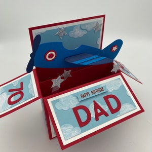 Pop up, 3d, card in a box, airplane, flying machine, aeroplane, birthday card, transport, all occasion, personalisable blue