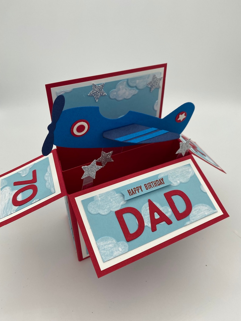 Pop up, 3d, card in a box, airplane, flying machine, aeroplane, birthday card, transport, all occasion, personalisable blue