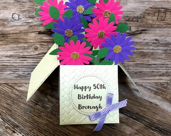 Pop up card, card in a box, flowers, floral, pink daisies, purple daisy, gerbera, 3d Birthday card, anniversary, thank you, just because