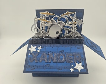 Carte d'anniversaire, carte pop-up, carte boîte 3D, mélomane, batterie, batterie, groupe, musicien