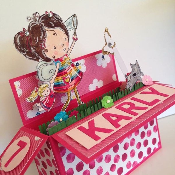 Chasing butterflies, Personalised Pop up card in a box, girl, birthday card; butterflies, fairy, girlie, dog, pink, gift for her, 3d