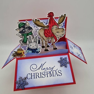 Pop-up kerstkaart, 3d doos kaart voor Kerstmis, seizoenskaart, winter boswezens, rendieren, eland, wasbeer, konijn, Robin, konijn