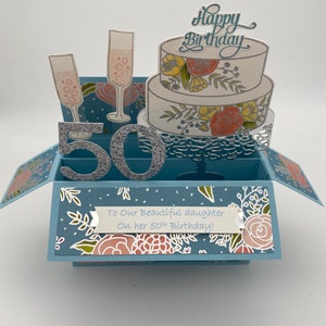 Pop up birthday card; female; floral; cake; glitter; feminine; 3D card in a box, birthday cake