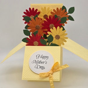 Carte pop-up, carte dans une boîte, fleurs, floral, marguerites, marguerite, bouquet de fleurs, jaune, rouge, orange, bouquet de fleurs, carte 3D, fête des mères, pour elle