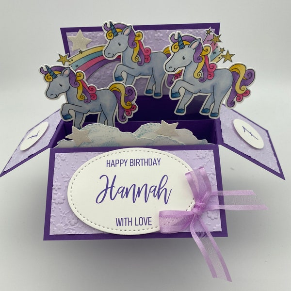 3d pop up card, card in a box, exploding card, unicorn birthday card, birthday card for her, girls birthday card, horse, mythical, fairytale