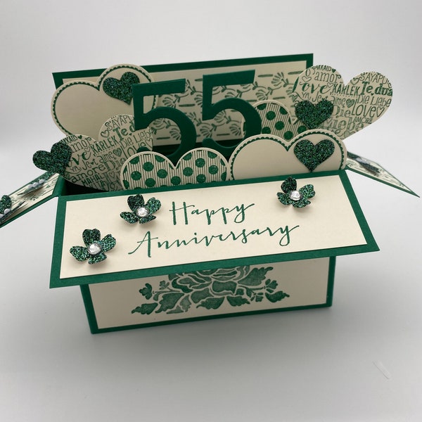 Smaragd-Jubiläumskarte, 55 Jahre, Hochzeitstag, Pop-up-Karte in einer Box, 3D, Jahre verheiratet, Glückwünsche, Meilenstein-Jubiläum,