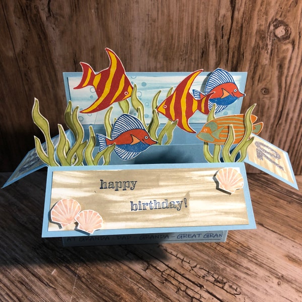 Poisson, aquarium, thème de la mer, cartes 3d, carte pop-up, carte dans une boîte, poissons tropicaux, vie marine