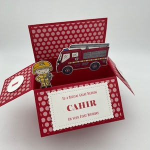 Autopompa; camion dei pompieri; pompiere; servizi di emergenza; biglietto pop-up 3D, biglietto di compleanno, rosso, biglietto per bambini