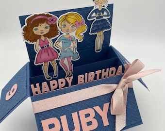 3d pop up box card; girls birthday card, girlie, gift for a girl, happy birthday, best friends, girlfriends