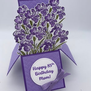 3D-pop-upkaart, cadeau voor haar, gelukkige verjaardagskaart, bedankt, beterschap, gepersonaliseerd, irissen, iris, bloemen, bloemen, Moederdag