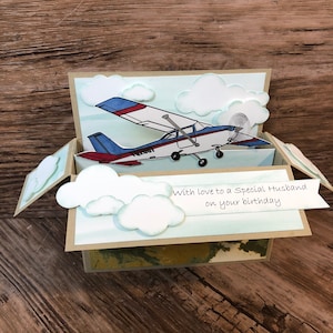 Avião, avião, Cessna, aviação, cartão pop-up em uma caixa, cartão de aniversário, cartão de dia dos pais, cartão 3D, piloto Cessna, presente para ele, voo