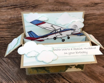 Airplane, aeroplane, Cessna, aviation, pop up card in a box, birthday card, Father’s Day card, 3d card, Cessna pilot, gift for him, flight