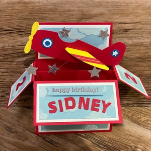 Pop up, 3d, card in a box, airplane, flying machine, aeroplane, birthday card, transport, all occasion, personalisable red