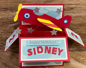 Pop up, 3d, card in a box, airplane, flying machine, aeroplane, birthday card, transport, all occasion, personalisable