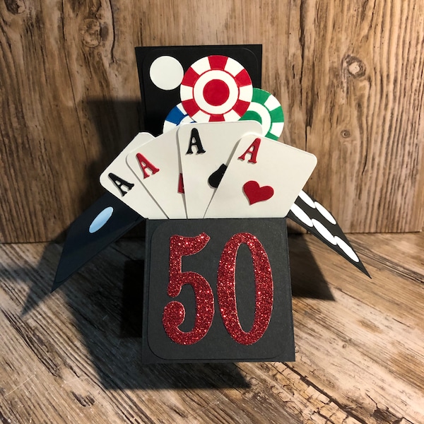 Kasino, Glücksspiel, Wetten, Würfel, Poker, Kartenspiele, Pop Up Karte in einer Box, 3D Karte, Asse