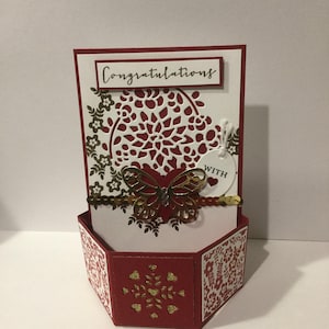 Tarjeta de felicitación hexagonal desplegable; aniversario, boda; relieve dorado; lujo; tarjeta de caja, 3D, personalizada