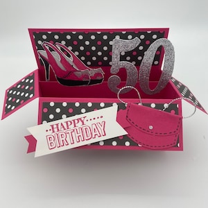 Tacchi alti allegri, stiletti, compleanno femminile, borsa, biglietto di compleanno, pop-up; scarpe, biglietto scatola, biglietto personalizzato
