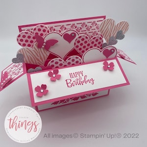 Pink birthday card, hearts, flowers, butterflies, girlie box card, pop up card, 3d card, anniversary, congratulations, gift for her