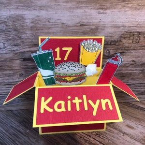 Fast Food, Burger, Chips, Pommes, Soda, Junk Food, Pop Up, 3D, Geburtstagskarte, Foodie, Teenager, Box-Karte, Karte in einer Box