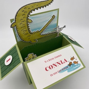 Krokodil, Alligator, Popup-Box-Karte, Kindergeburtstagskarte, Storch, Frosch, Fisch, personalisierte Geburtstagskarte, oh Snap