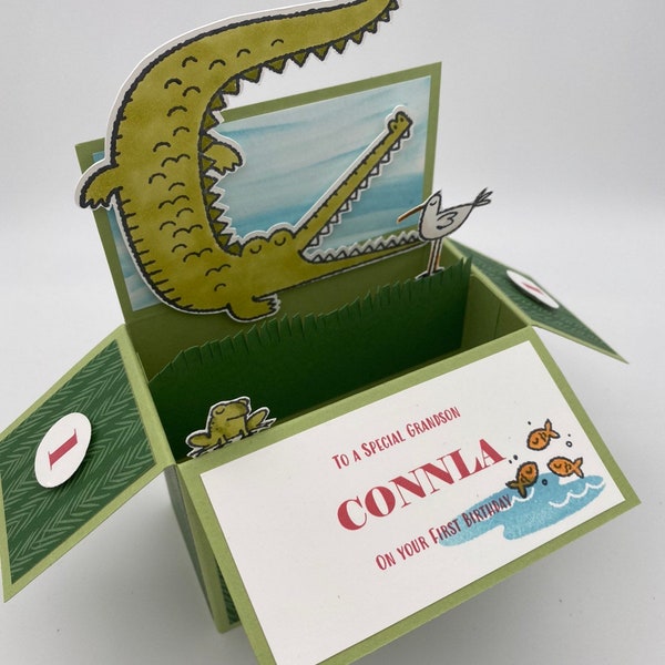 Crocodile, alligator, 3d pop up box card, Childs birthday card, stork, frog, fish, personalised birthday card, oh snap