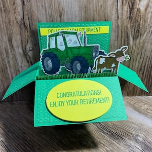 Tracteur, agriculture, agriculteur, vache, ferme, 3D, carte pop-up, carte boîte, anniversaire, retraite, fête des pères, retraite