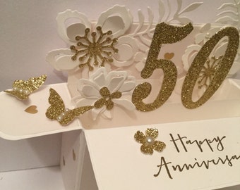 Biglietto Anniversario Matrimonio Biglietto Pop-up 50° Anniversario Matrimonio - Auguri 3D In Oro Per Nozze D'Oro, Regalo Elegante Biglietto 3D Nozze Oro - Foto 2