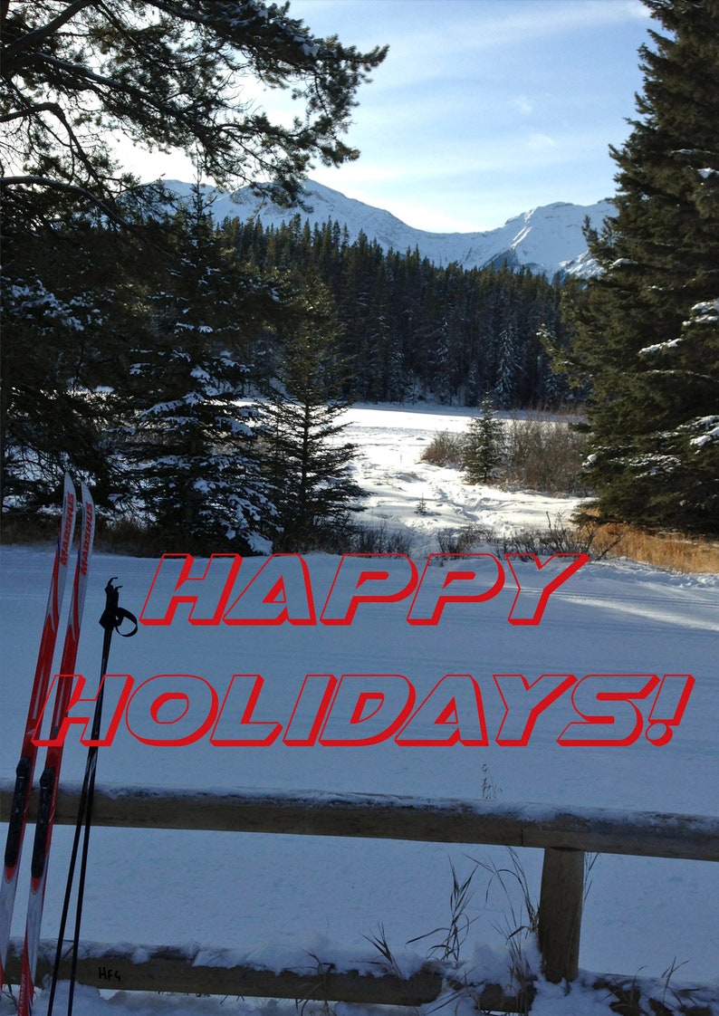 Christmas Card, Skiing Holidays, Snowy Greetings, Winter Sports, Holiday Cheer, Whimsical Card, Digital Download, Joyful Holidays, 3D Type image 1
