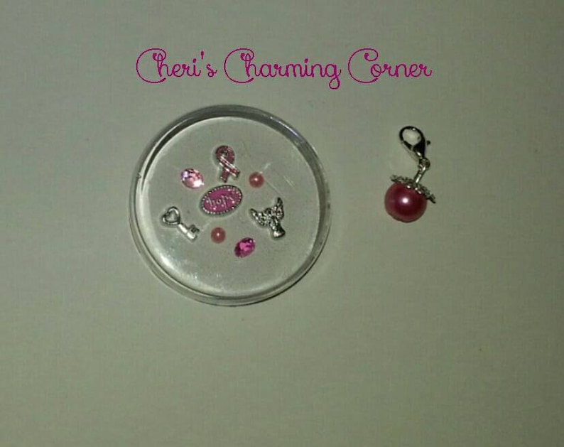 Charming Breast Cancer Pink ribbon awareness living memory locket charm set with 8 foating charms and FREE pearl dangle!