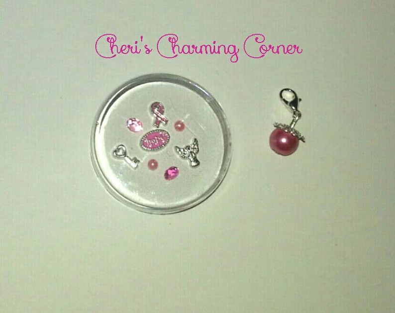 Charming Breast Cancer Pink ribbon awareness living memory locket charm set with 8 foating charms and FREE pearl dangle!