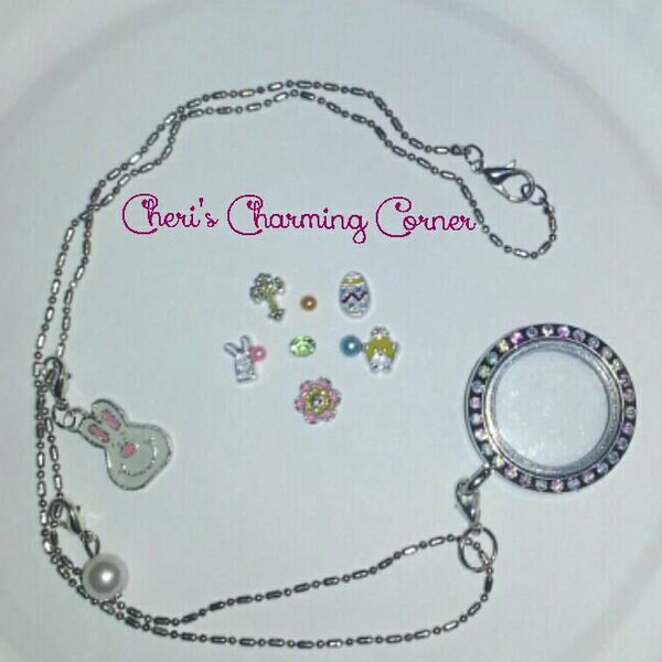 Charming ~Easter~ Silver round AB rhinestone living memory locket 19" necklace set with 9 foating charms and 2 FREE dangles!