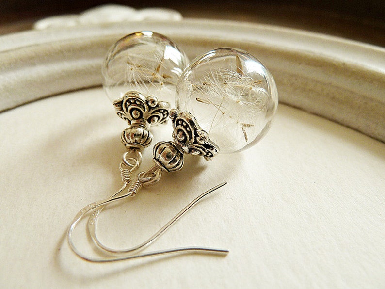 Pusteblumen Ohrringe 925 Silber Ohrhaken dandelion earrings Silberschmuck Glaskugelschmuck Glücksbringer Blütenschmuck make a wish Bild 2