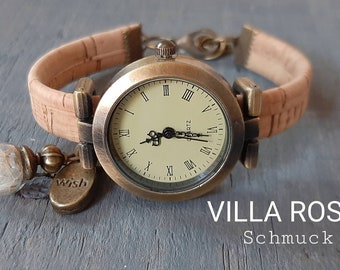 Reloj de pulsera de diente de león en bronce antiguo con pulsera de corcho, color natural, reloj de pulsera envolvente, reloj de diente de león, banda de corcho, bola de cristal, joyería, reloj de mujer, deseo