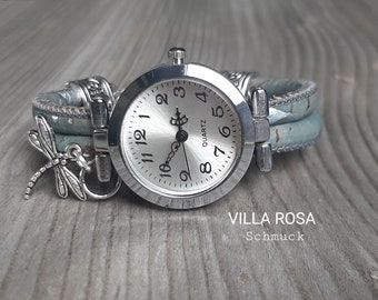 Orologio da polso grigio-verde in sughero con scaglie d'argento orologio da polso in argento orologio al quarzo orologio da donna in argento libellula materiale naturale sughero vegano