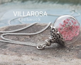 925 Sterling Silber Halskette mit echter Dillblüte Blüte in rosa blossoms jewellery flower necklace blossom necklace Glaskugelschmuck