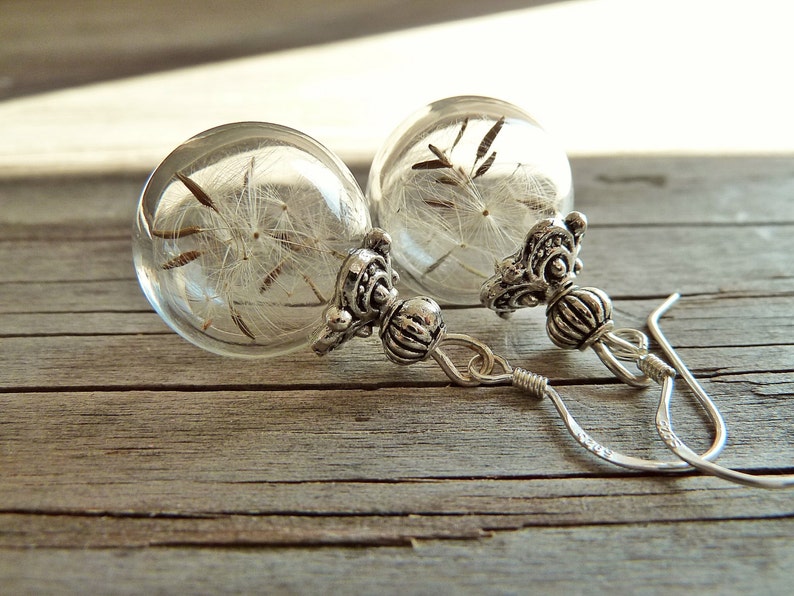 Pusteblumen Ohrringe 925 Silber Ohrhaken dandelion earrings Silberschmuck Glaskugelschmuck Glücksbringer Blütenschmuck make a wish Bild 1