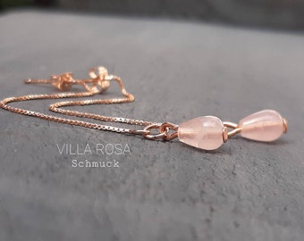 Pendientes Threader de plata de ley de 7 cm, chapado en oro rosa, pendientes largos con piedras preciosas de cuarzo rosa para mujer