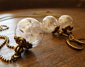 Dandelion Set Glass Ball Jewelry Lucky Charm Jewelry Set Vintage Style Wedding Cottagecore Flower Jewelry Real Dandelions