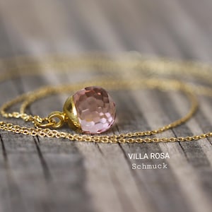 Goldkette 45cm Sterling 925 Silber Gelbgold vergoldet Goldschmuck Kristallperle handgemacht Halskette Perlenschmuck roselachsfarben zart