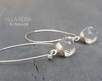 Boucles d'oreilles pendantes cristal de quartz sur grands crochets d'oreilles ovales créole argent