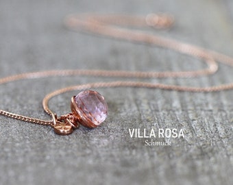 Delicata catena in oro rosa, argento sterling 925 / 45 cm, placcata in oro con perlina di vetro color rosa, gioiello in oro rosa molto delicato e raffinato, collana da donna, collana regalo