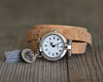 Women's wristwatch silver with cork bracelet vegan wristwatch women's watch wrap watch lotus blossom lotus watch brown cork bracelet